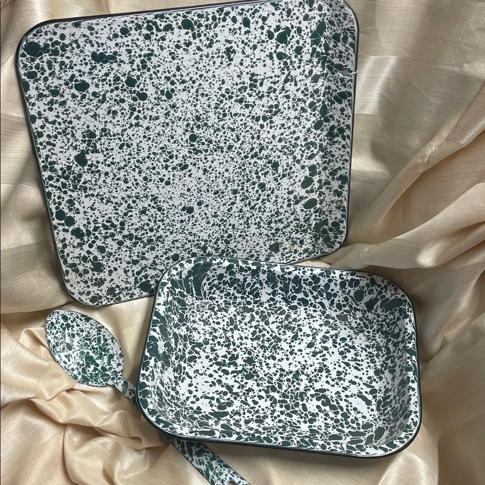 CGS International Speckled Green and White Serveware Set NWT set of three